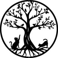 a cat under a beautiful tree in a circle vector
