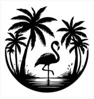 Flamingo and Palm Trees Silhouette in a Circle vector