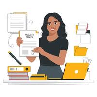 A woman is holding a document with a project on it vector