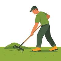 Man with rake and shovel in the garden vector