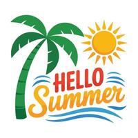 Flat Hello Summer with Palm Tree and Waves. vector