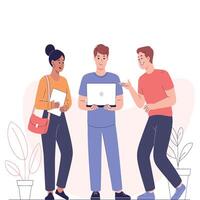 Three people standing around a laptop computer vector