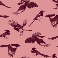 Seamless pattern with magpie, flying bird Hand drawn illustration. vector