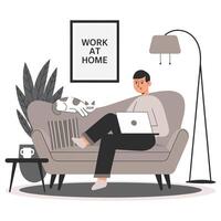Man working at home with cat on couch vector