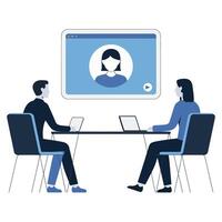Two people sitting at a table with a laptop and a call vector