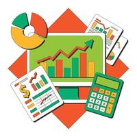 An illustration of a computer, calculator, and graph vector