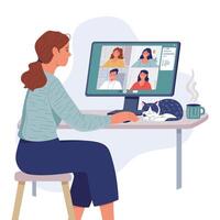 Woman working on computer with cat and coffee vector
