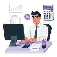 A man in a tie is working on a computer vector