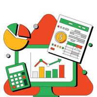 An illustration of a computer, calculator and paper with a graph vector