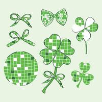 A stylish mix of shamrocks, bows, and disco ball patterns in a festive green coquette theme vector