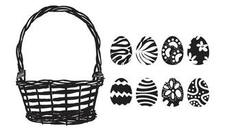 Hand-Drawn Easter Basket and Eggs - Black and White Set vector