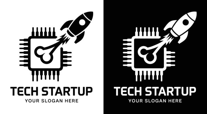 Tech Startup Logo Bold Black Chip Rocket Merge for Innovation and Technology