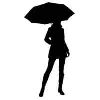 Silhouette Of Stylish Woman With Umbrella In Boots And Coat On White Background vector