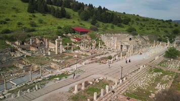 Drone view of ancient ruins, columns and stone structures in Ephesus video