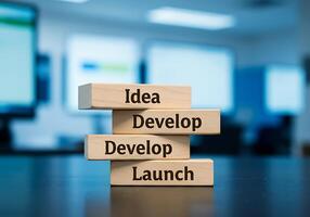 A stack of wooden blocks with the words idea, development, launch photo