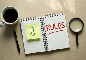 Rules and regulations on a notepad with a magnifying glass and coffee photo