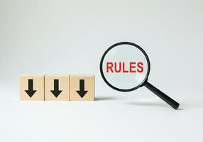 Rules concept with magnifying glass and wooden blocks on white background photo