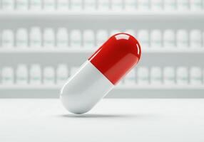 A red and white pill on a table in a pharmacy photo