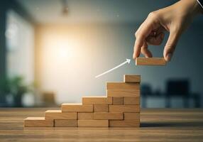 Hand reaching up to a wooden block with arrows pointing to it photo