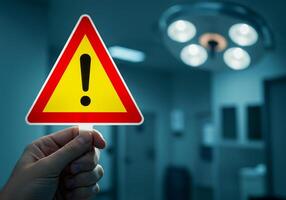 A person holding up a warning sign in front of a hospital photo