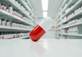 A red and white pill sitting on a shelf in a pharmacy photo