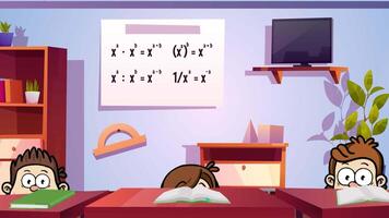Students hiding behind books in classroom animation video
