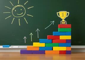 A trophy on top of a stack of blocks with arrows pointing up photo