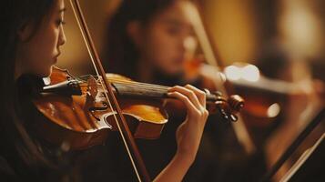 A musician playing the violin with bow and string in focus photo