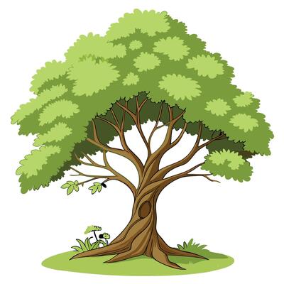 Cartoon Tree With Green Leaves And Grass Illustration For Kids Design