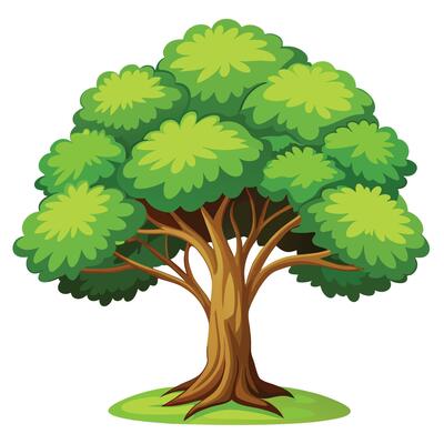 Cartoon Tree Illustration With Green Foliage On Green Grass Graphic Element