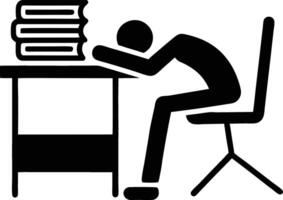 Exhausted Student Leaning On Desk With Books Black And White Icon vector