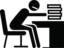 Exhausted Worker Overwhelmed With Paperwork Depicted In Black And White Icon vector