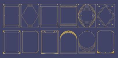 Boho and Art Deco minimalist frames collection. Elegant thin linear borders and arches with stars. Abstract geometric decoration ornate template, gold line on dark blue color background vector