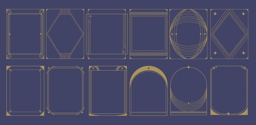 Boho and Art Deco minimalist frames collection. Elegant thin linear borders and arches with stars. Abstract geometric decoration ornate template, gold line on dark blue color background