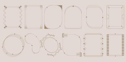 Art Deco minimalist frames design collection. Elegant Boho thin linear borders and arches with stars. Abstract geometric decoration ornate template, gold line on dark blue color background vector