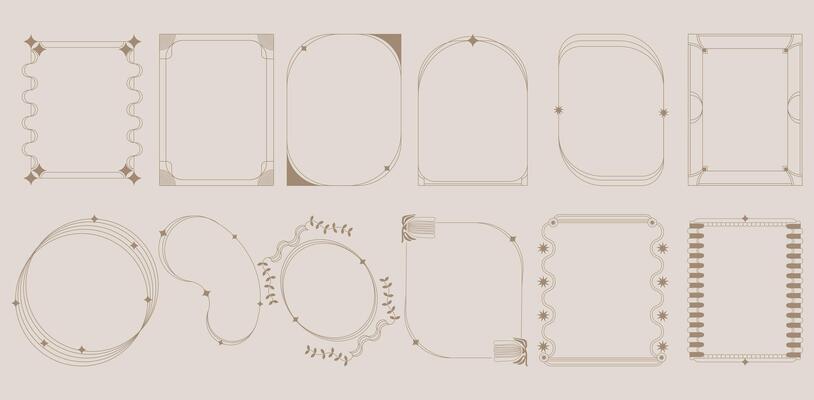 Art Deco minimalist frames design collection. Elegant Boho thin linear borders and arches with stars. Abstract geometric decoration ornate template, gold line on dark blue color background