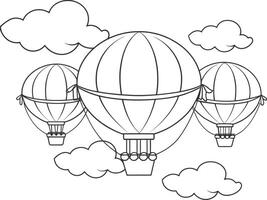 Three whimsical hot air balloons floating amongst clouds, perfect for coloring. vector