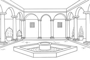 Black and white sketch of a courtyard with fountain vector