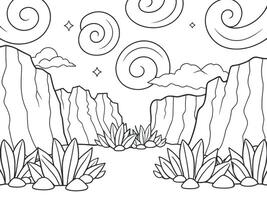 Black and white coloring page of a desert landscape with stylized mountains and clouds. vector