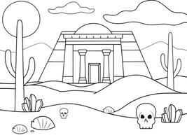 Black and white coloring page of a desert temple with skulls. vector