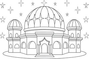 A captivating black and white line drawing of a large, ornate religious building, likely a mosque or similar structure, set against a backdrop of twinkling stars. vector