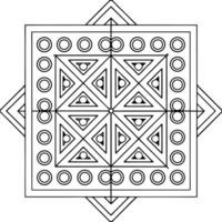 This symmetrical, black and white design features a complex geometric pattern with floral elements arranged within a square frame. vector