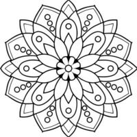 This black and white mandala design features a symmetrical, circular pattern with detailed, repeating shapes. vector