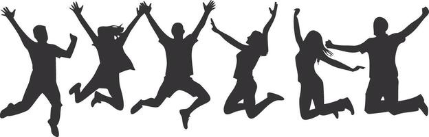Silhouette of a man and woman in action, jumping and dancing, illustration of people in sports poses, showcasing movement and energy in a group setting vector
