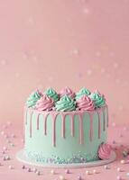 Festive cake with pink icing drips, decorated with two-tone cream roses and sprinkles. Minimalistic background with bokeh effect. Perfect for a birthday, party or bakery. photo