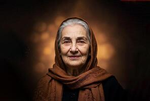Elegant senior woman with grey hair wearing warm brown headscarf and matching attire. She has a gentle smile, looking directly at the camera. Soft, warm background with bokeh lights. photo