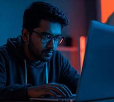 Focused man working on laptop in dark room with neon lighting. Suggests programming, gaming, cybersecurity or hacker activity. Modern tech lifestyle and digital work environment. photo