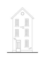 The facade of the house is painted with lines on a white background. Graphic drawing vector