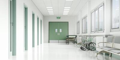 Bright healthcare corridor with expansive windows, 3D render illustration. photo