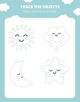 A page with a task to trace the sun, moon, cloud, and star for children in kindergarten vector